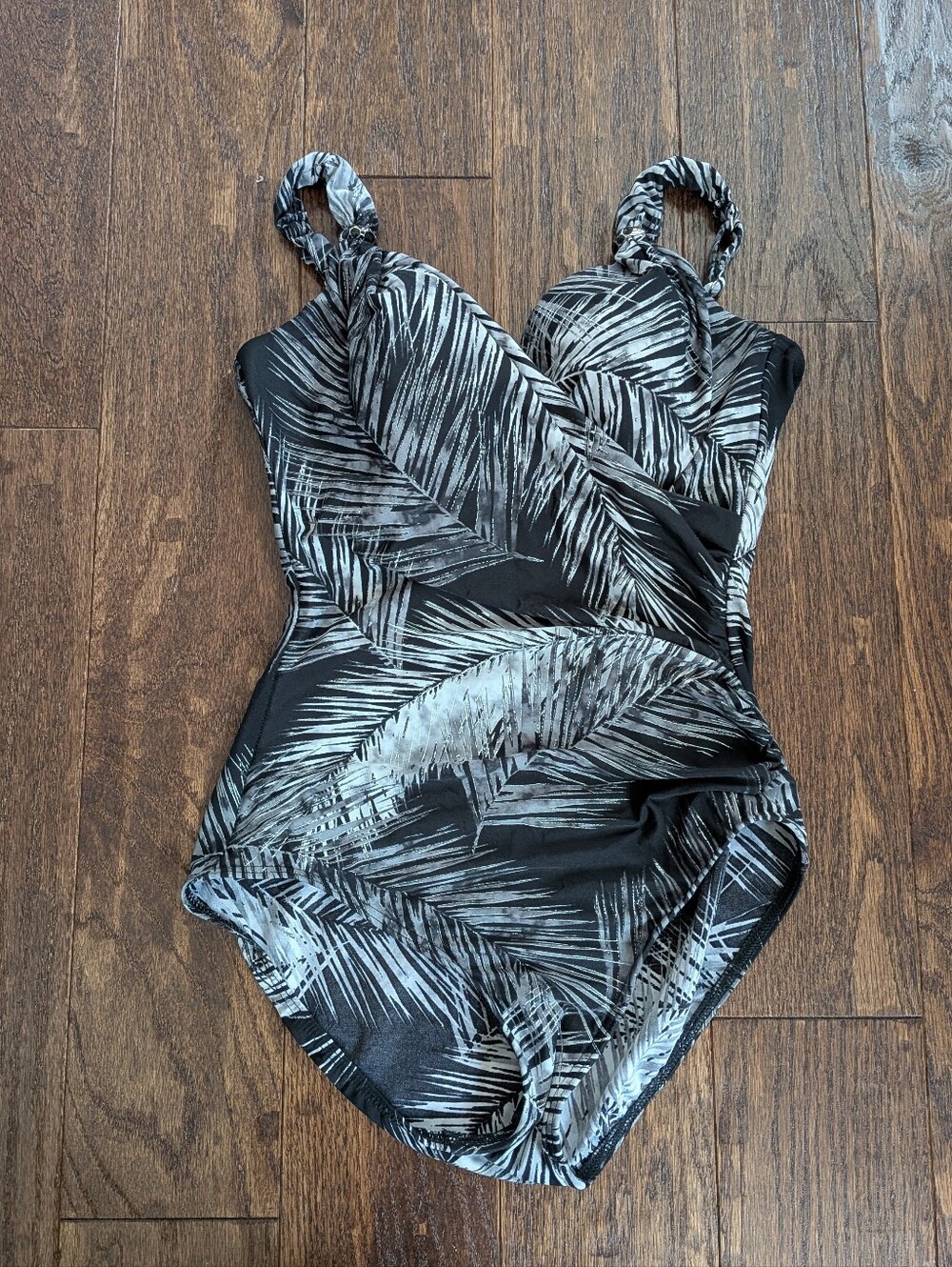 Miraclesuit Women's Black Silver Leaf Print One Piece V Neck Wrap Swimsuit 12